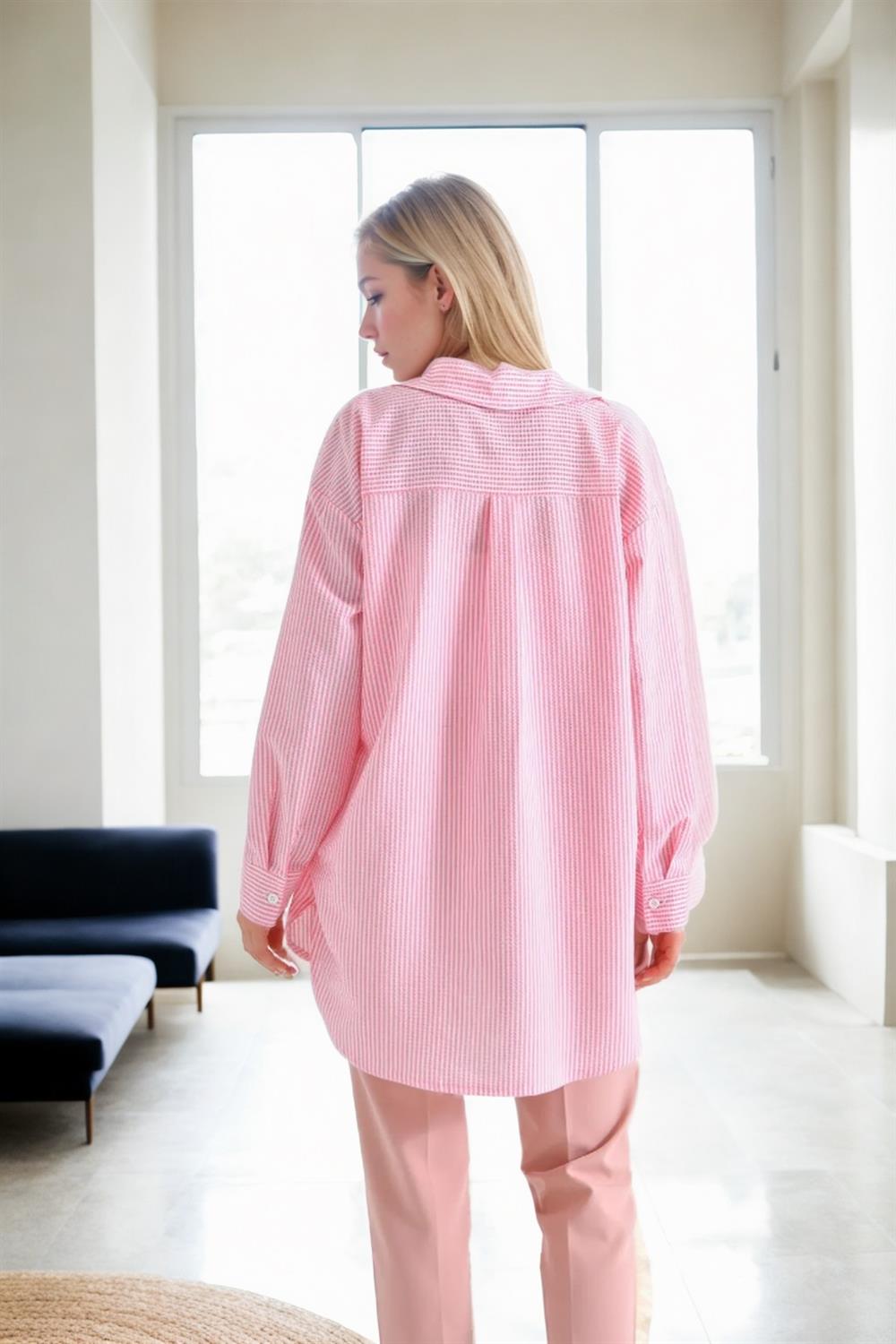 49999 Dewberry Blue Wrinkled Detailed Striped Women Shirt-PINK