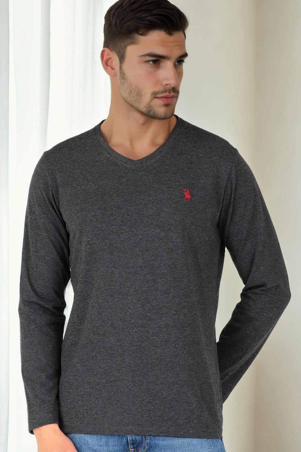 T9587 DEWBERRY V-NECK MEN'S LONG SLEEVE T-SHIRT-ANTHRACITE