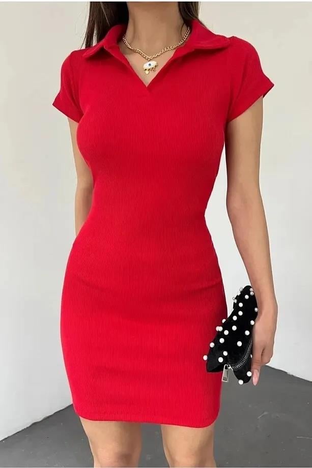 35605 Dewberry Polo Neck Dress with Short Sleeves-RED