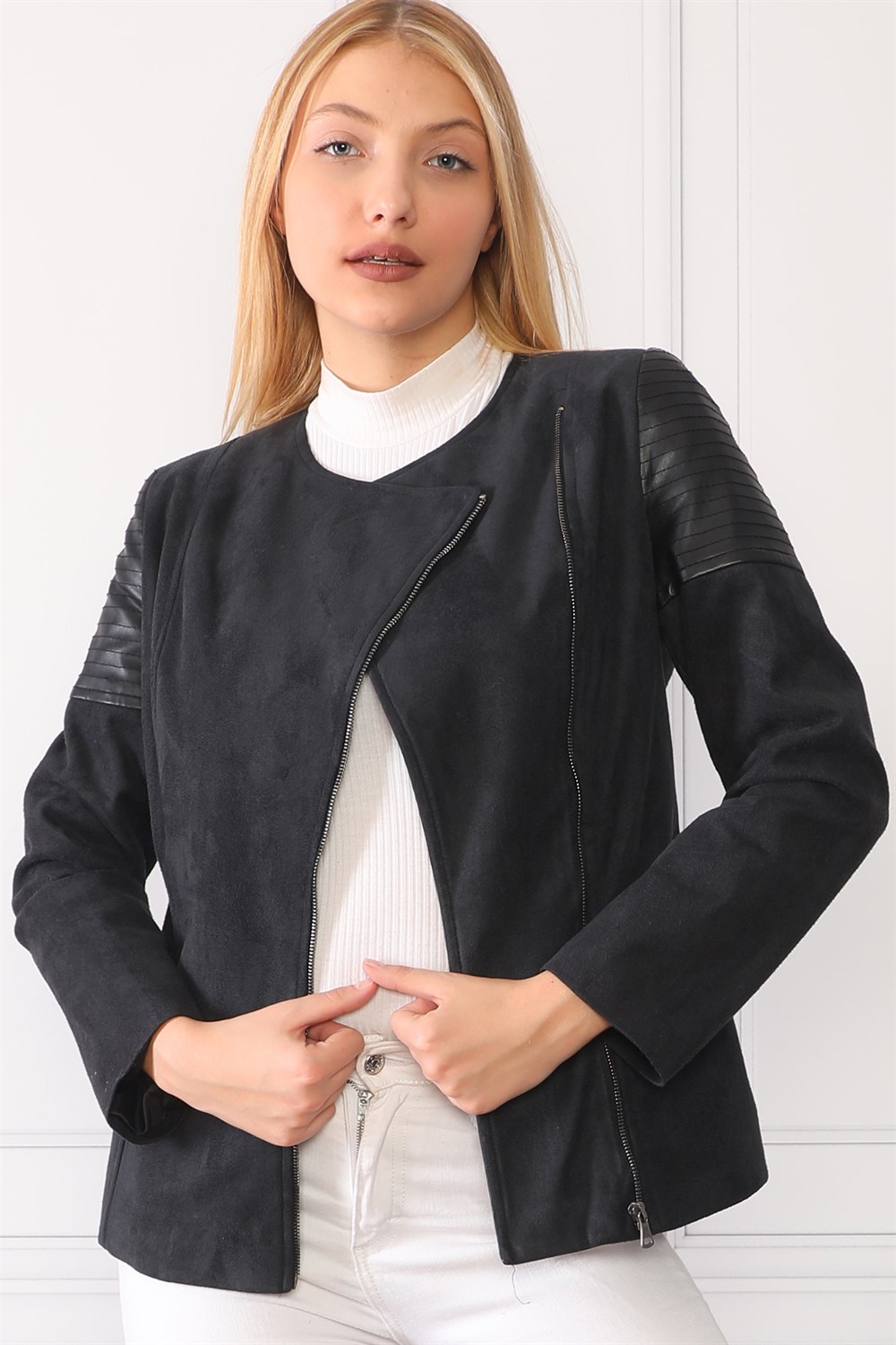Z6615 DEWBERRY WOMEN'S LEATHER SUEDE COAT-BLACK