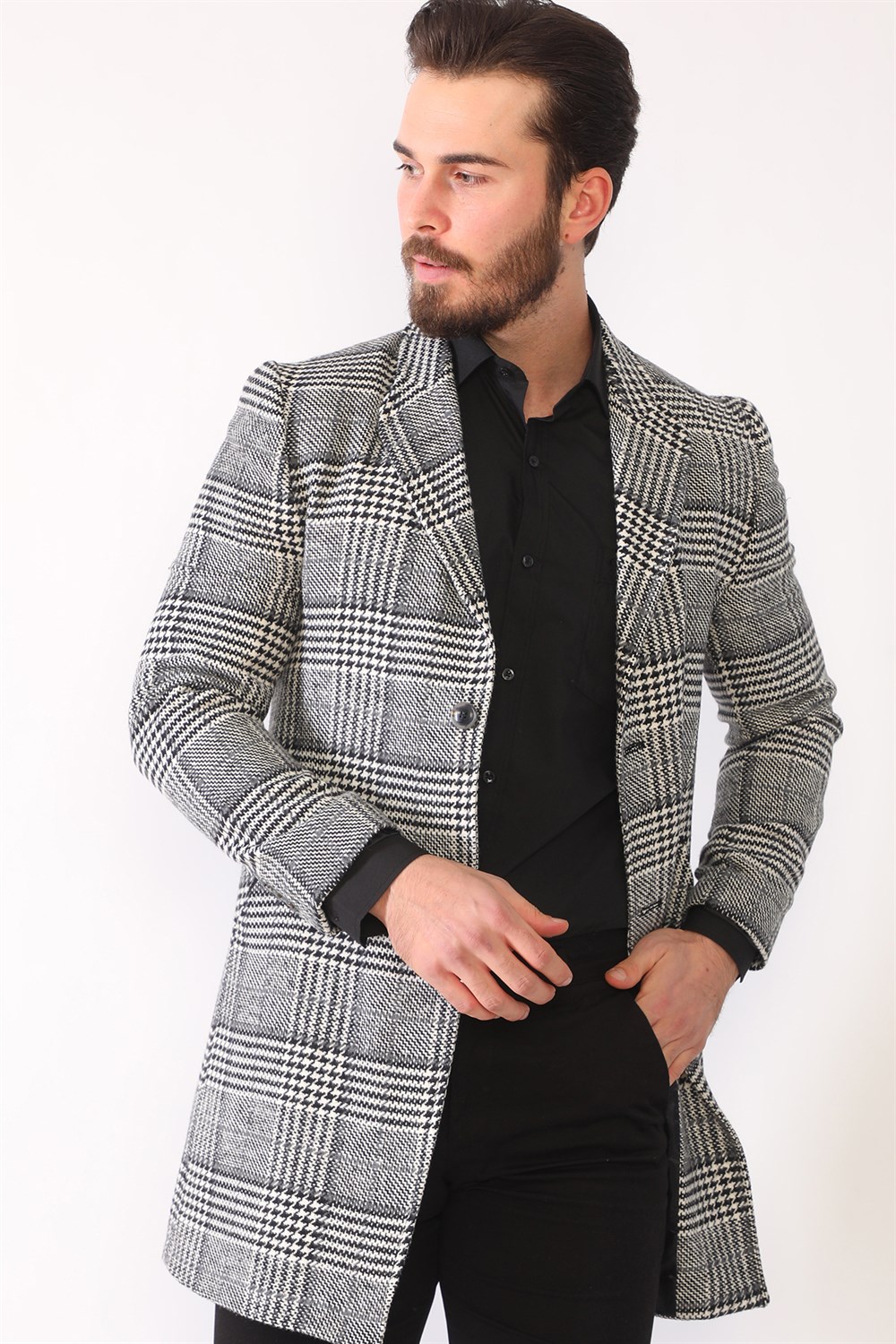 PLT8398 DEWBERRY MEN&#039;S COAT-PLAID-BLACK