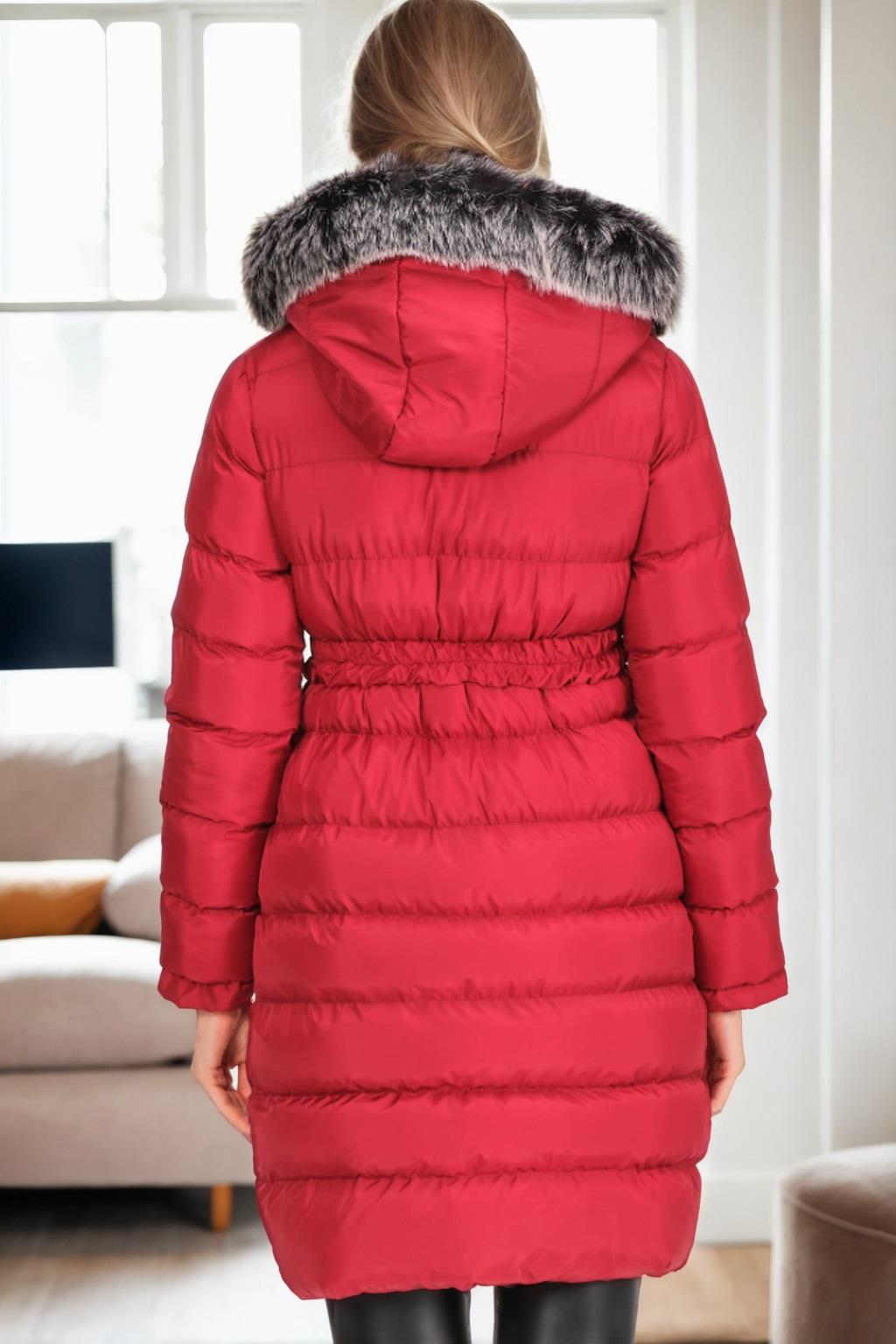 Z6690 DEWBERRY FUR HOODED WOMEN'S COAT-RED-1