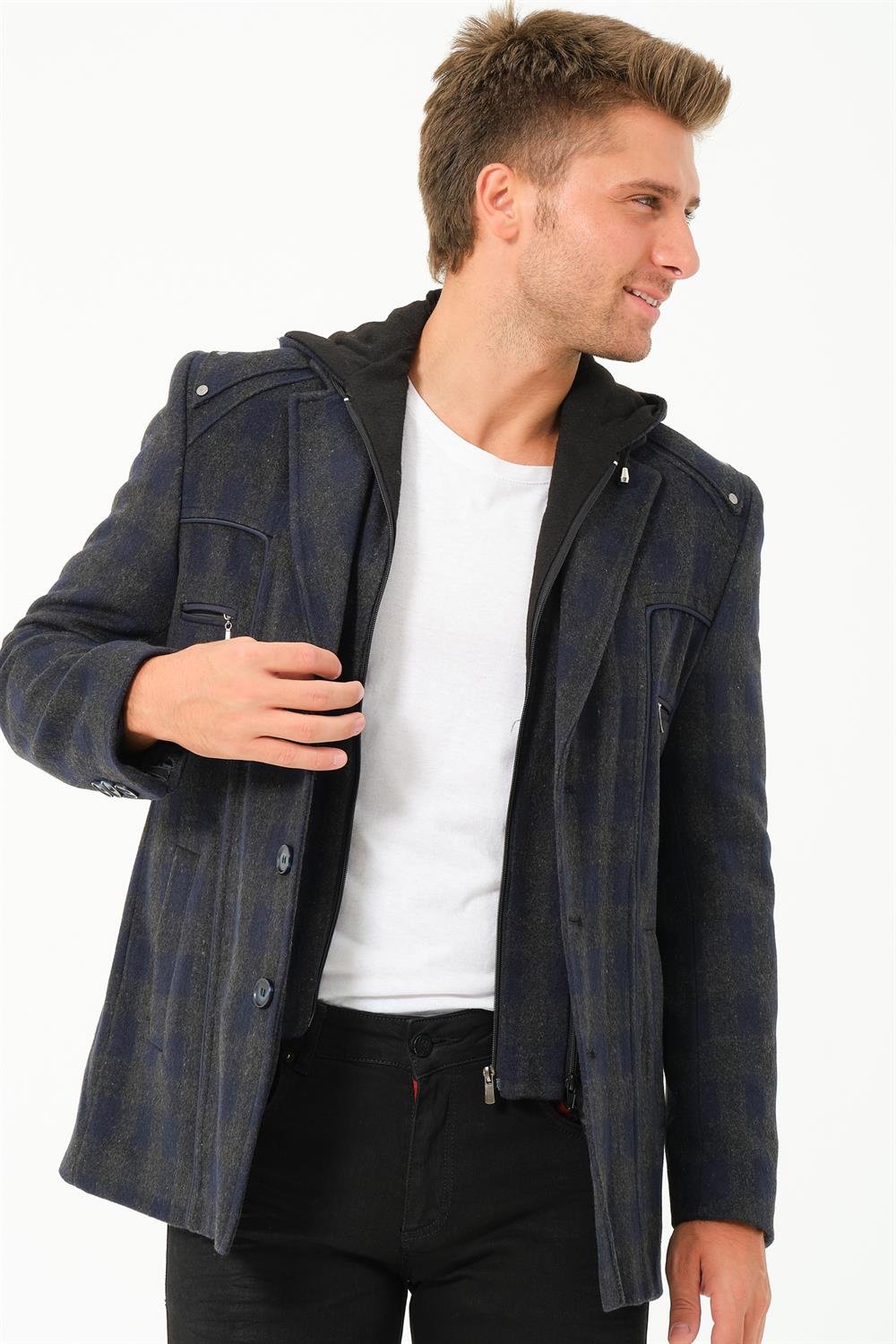 K7532 DEWBERRY MEN&#039;S COAT-PLAID-NAVY BLUE