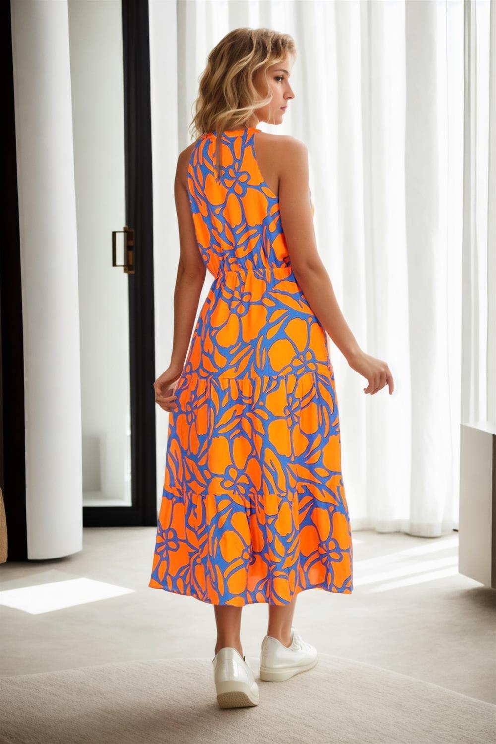 E7818 Dewberry Womens Floral Patterned Dress-ORANGE