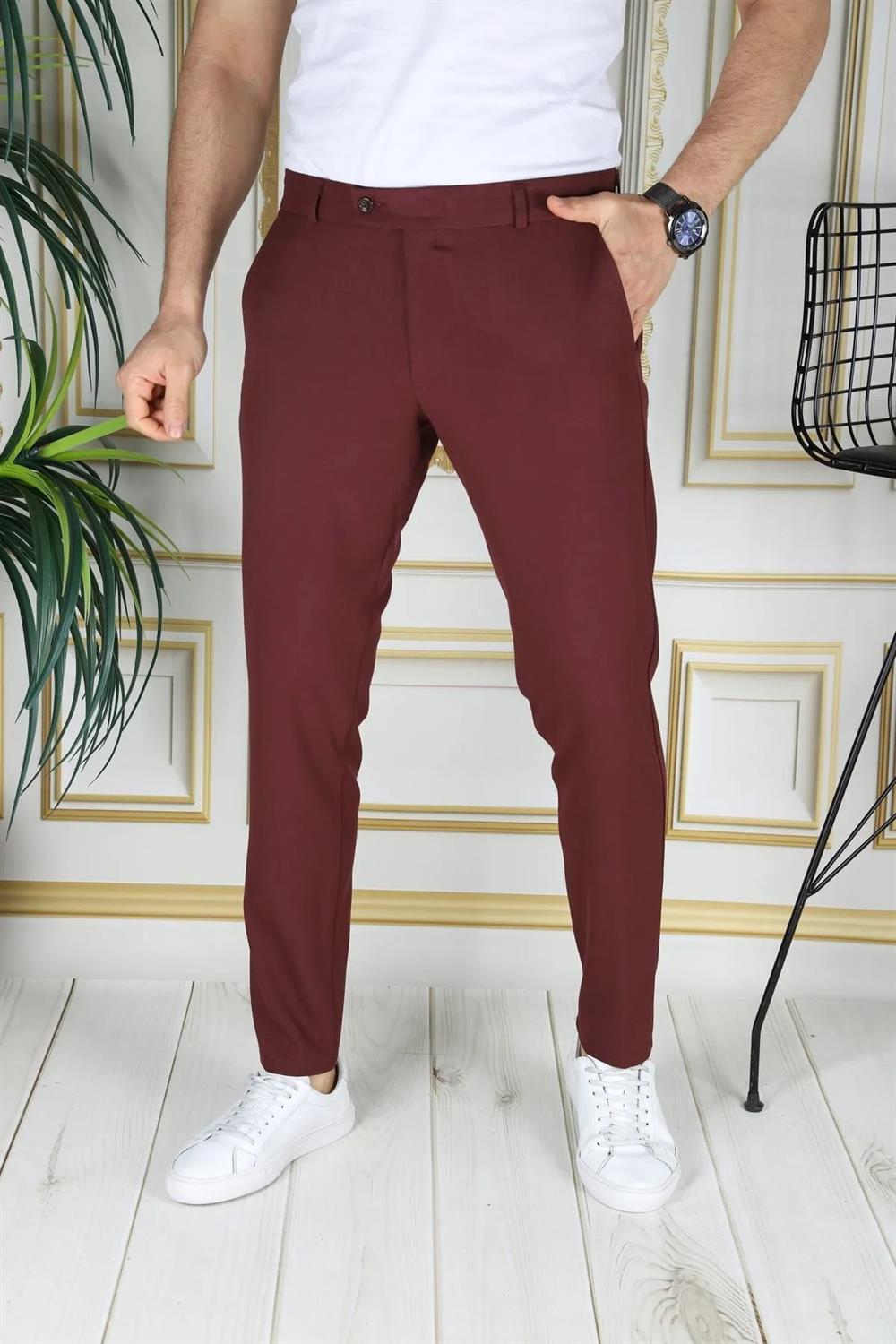 47676 Dewberry Italian Cut Elastic Fabric Mens Trousers-BORDO