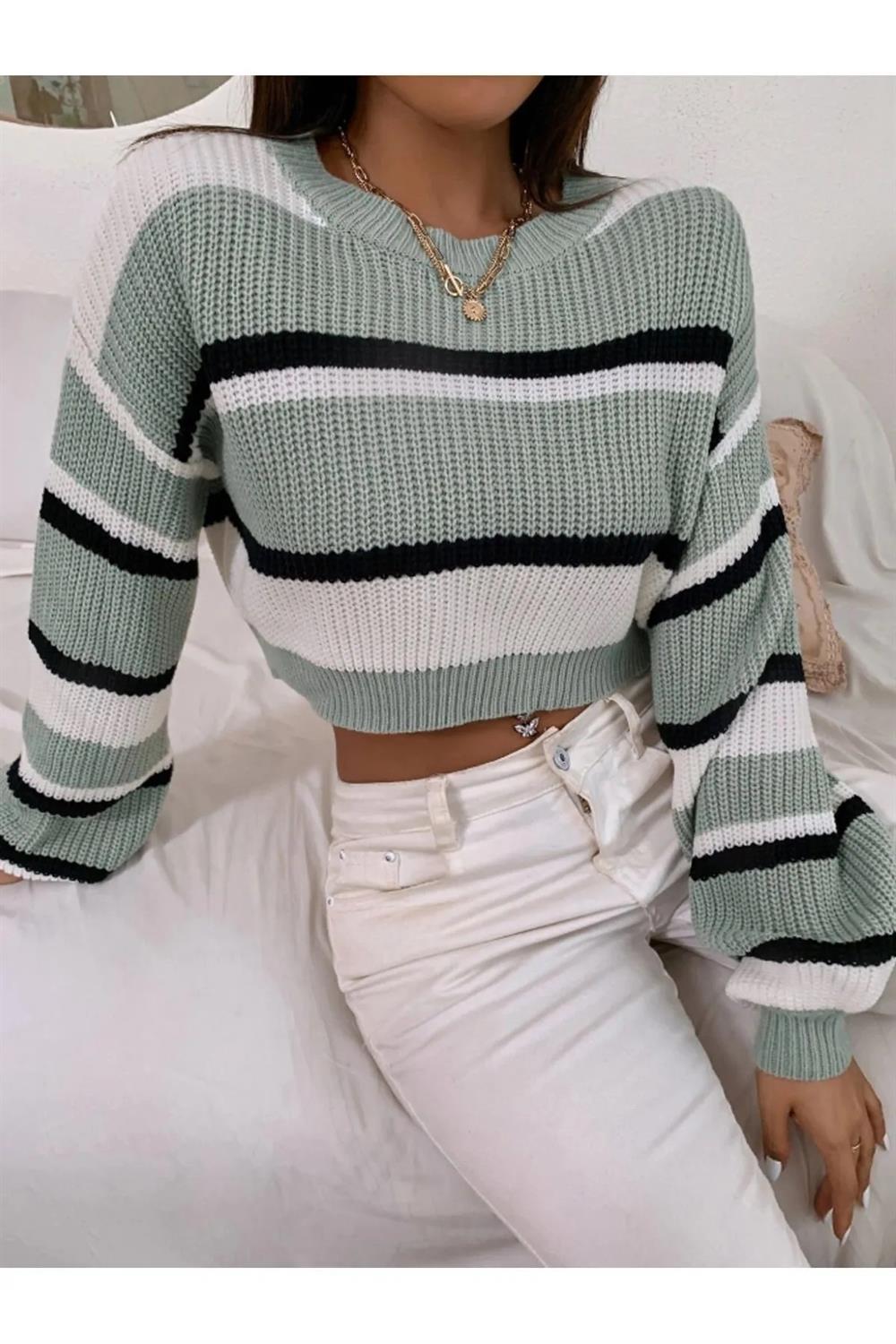 49425 Dewberry Striped Knit Crop Women Sweater-LIGHT GREEN