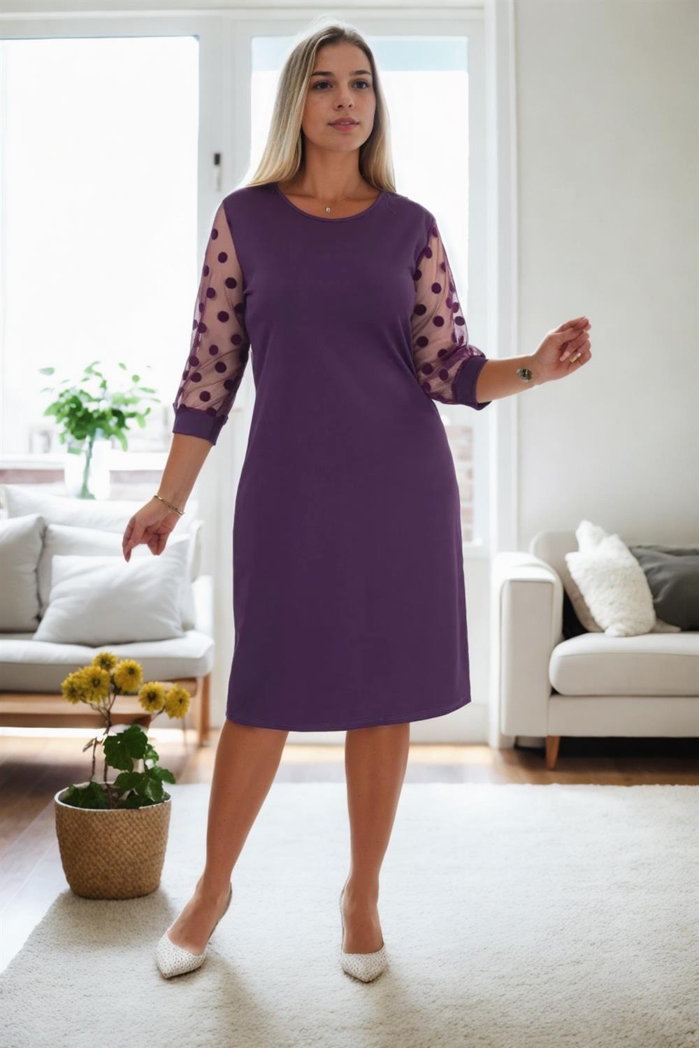 97062 Dewberry Polka Dot Flocked On Sleeves Plus Size Dress-MOR