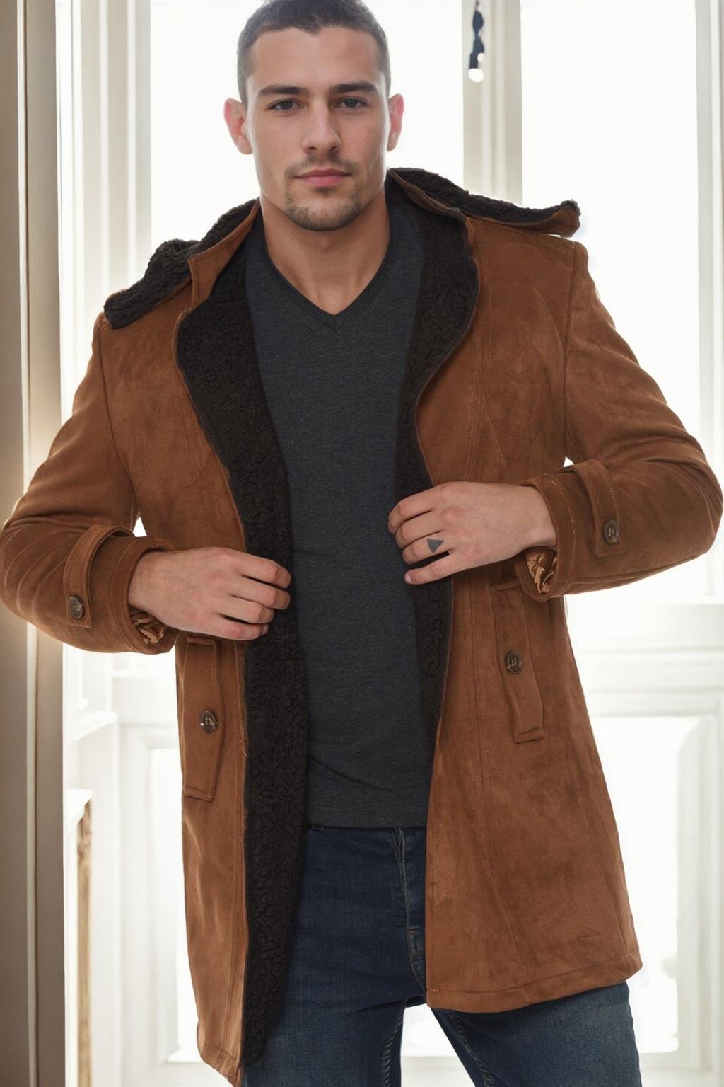 PLT9399 DEWBERRY SUEDE MEN&#039;S COAT-OPEN CAMEL