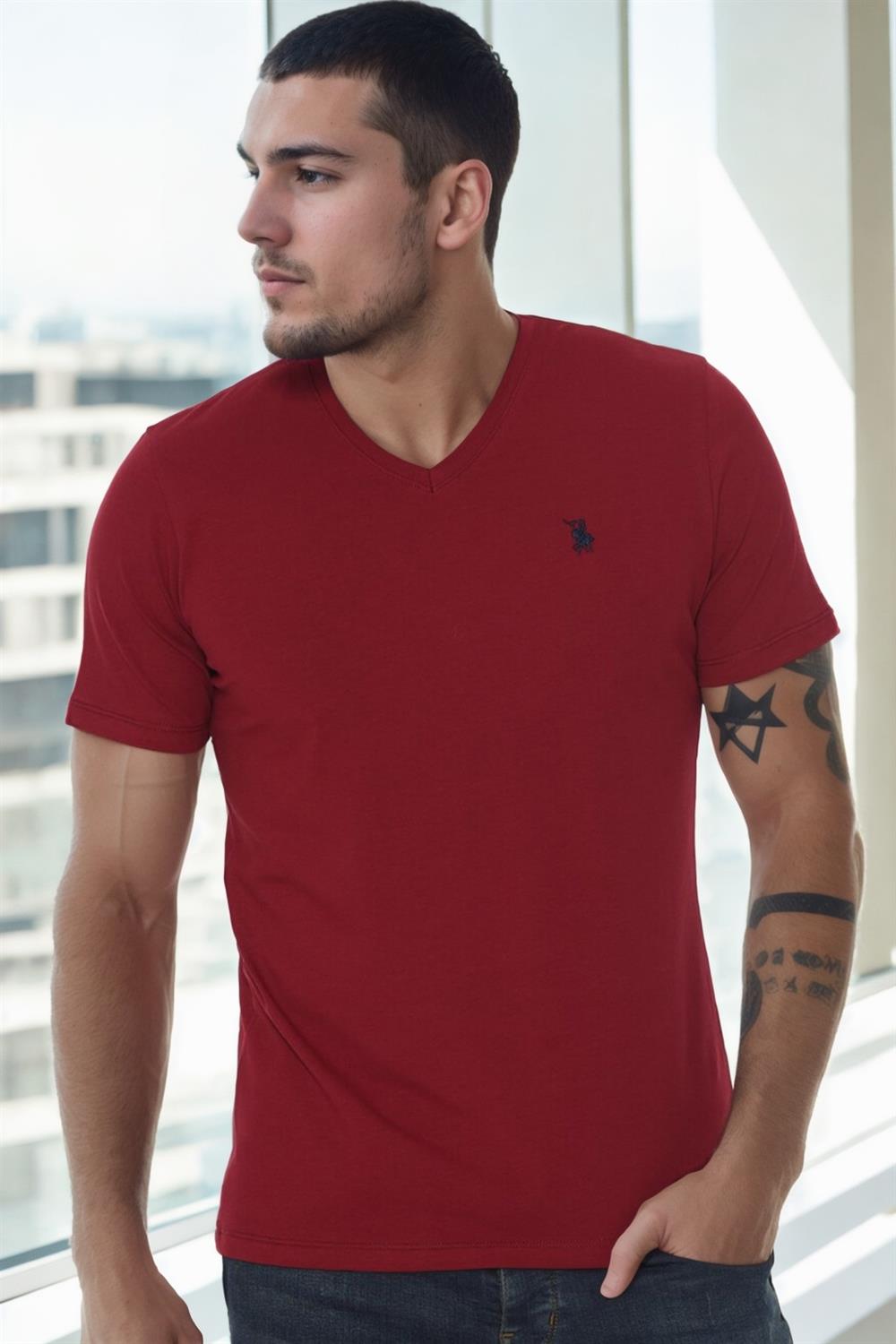 T8568 DEWBERRY V-NECK MENS T-SHIRT-BURGUNDY-1