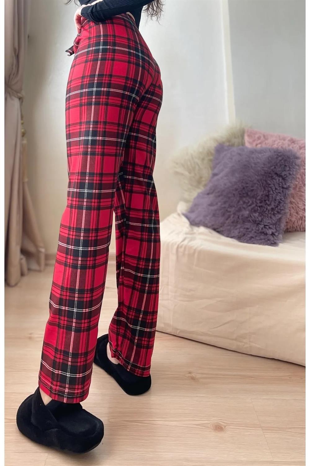 17947 Dewberry Plaid Checkered Cotton Velvet Pyjama Bottoms-RED-BLACK
