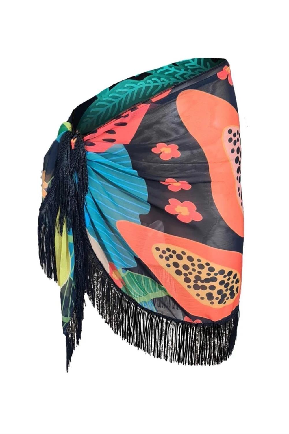 43272 Dewberry 43272 Dewberry Patterned Pareo with Tassels-BLACK-ORANGE