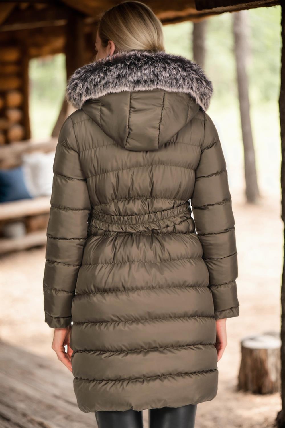 Z6690 DEWBERRY FUR HOODED LADIES' COAT-PLAIN KHAKI