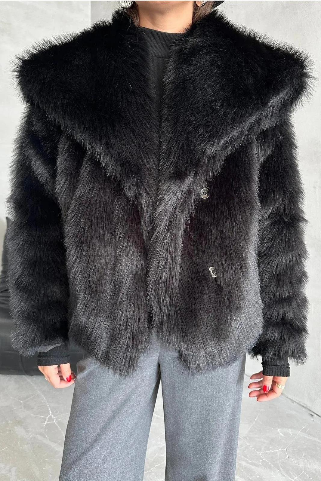 41151 Dewberry Lined Faux Fur Jacket-BLACK