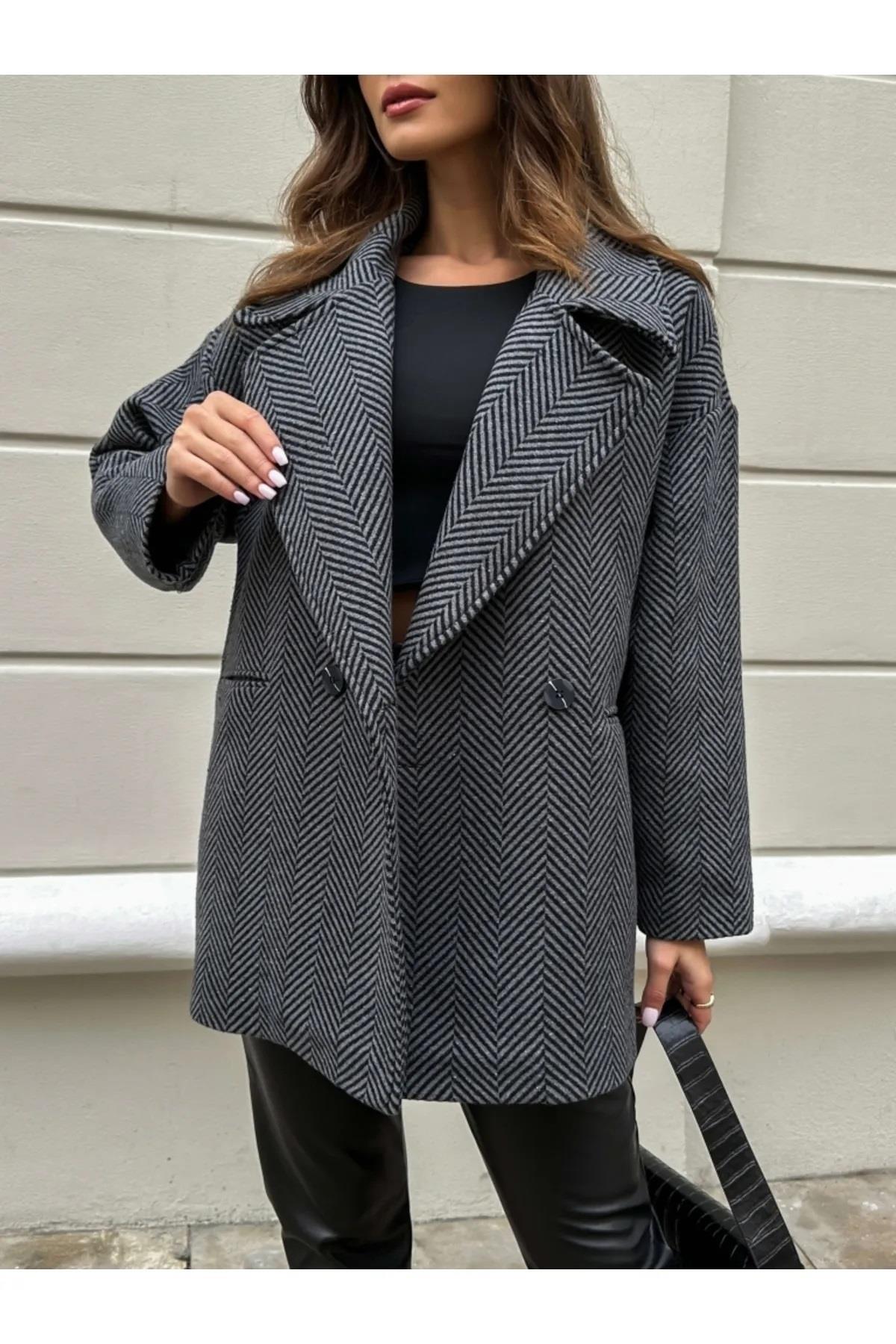50406 Dewberry Herringbone Oversize Women Coat-ANTHRACITE