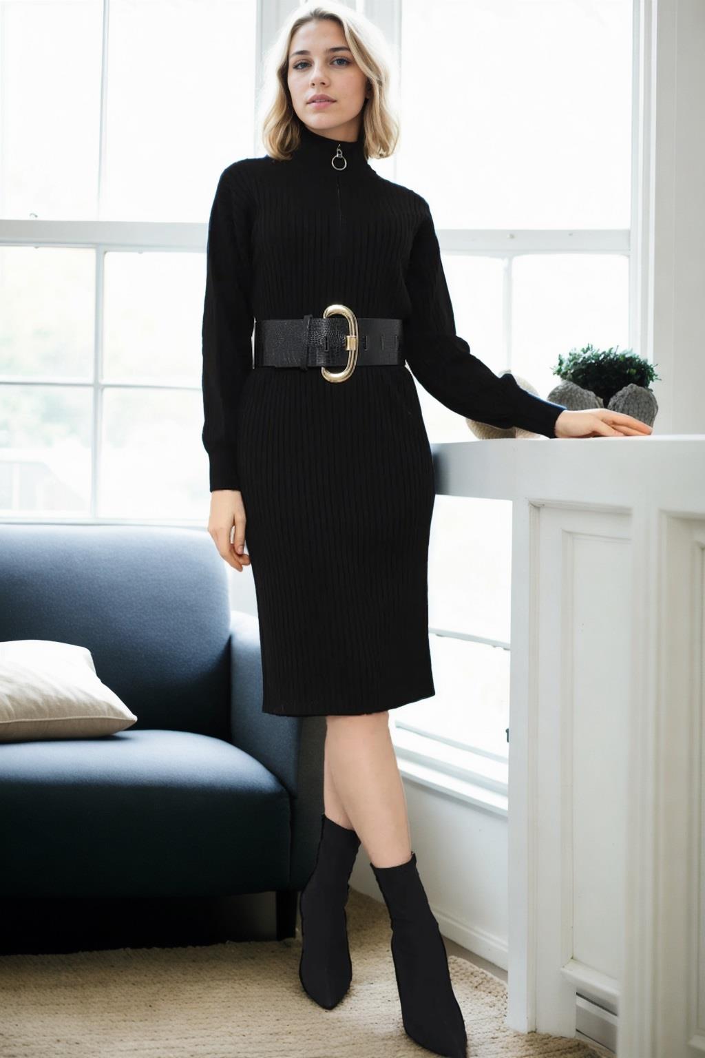 92522 Dewberry Long Knit Women Dress (Belt Not Included)-BLACK