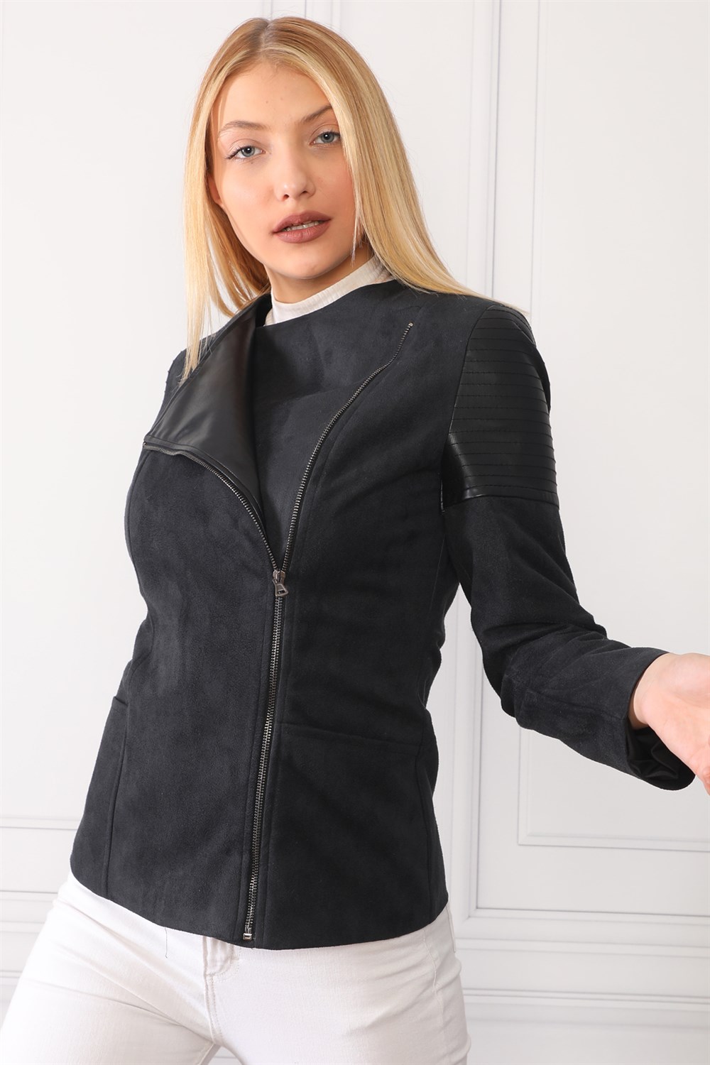 Z6615 DEWBERRY WOMEN'S LEATHER SUEDE COAT-BLACK
