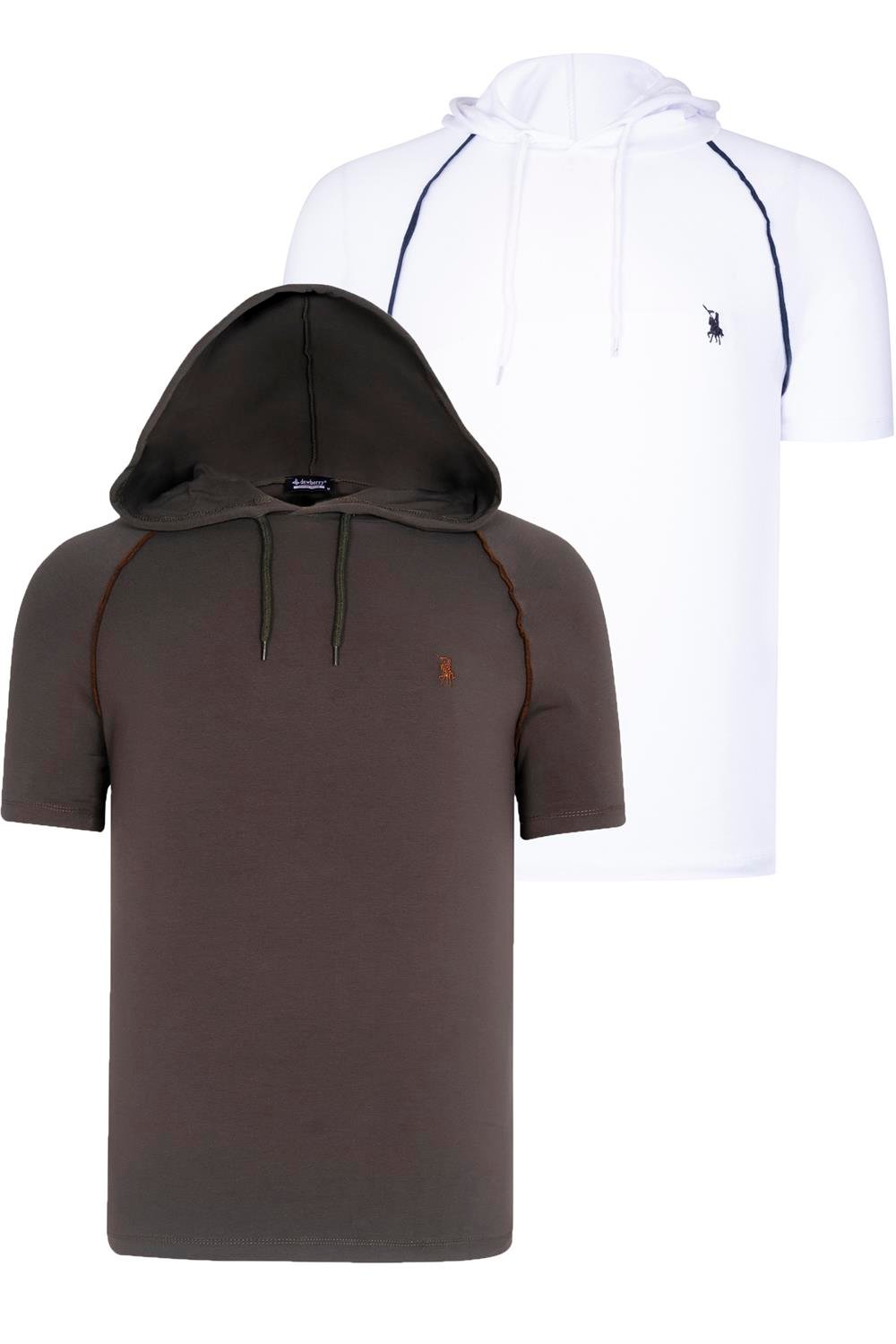 DUAL SET T8570 DEWBERRY HOODED MENS T-SHIRT-WHITE-KHAKI