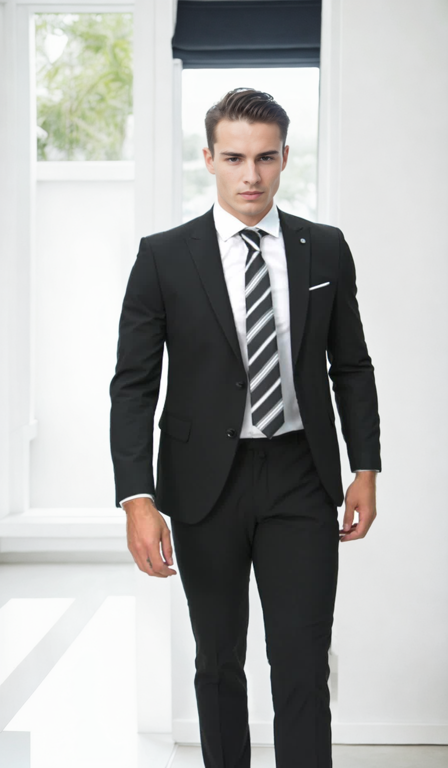 76373 Dewberry Mens Black 6 Drop Suit Set - Blazer-Trousers-BLACK