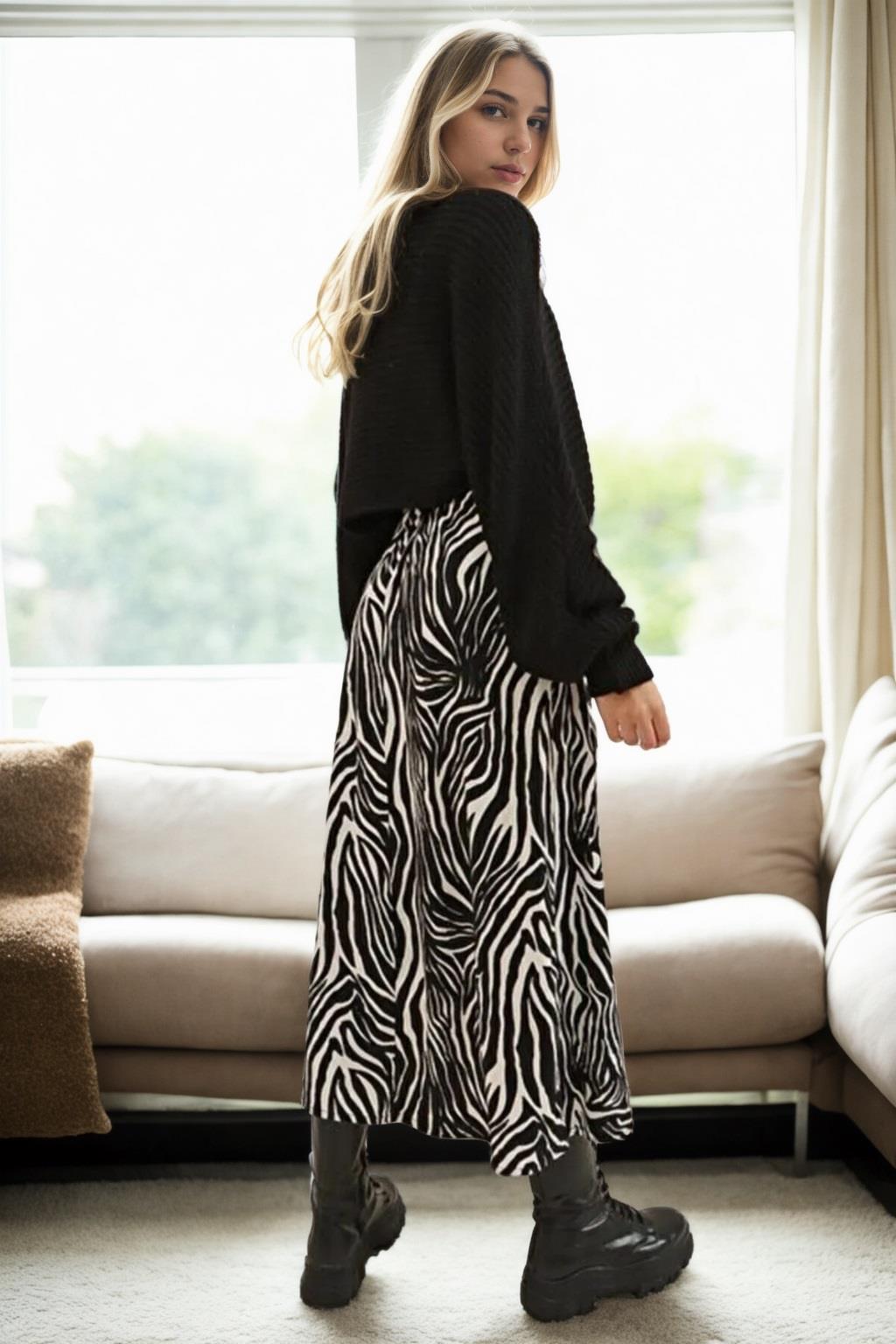 63914 Dewberry High Waist Slit Midi Women Skirt-BLACK-WHITE