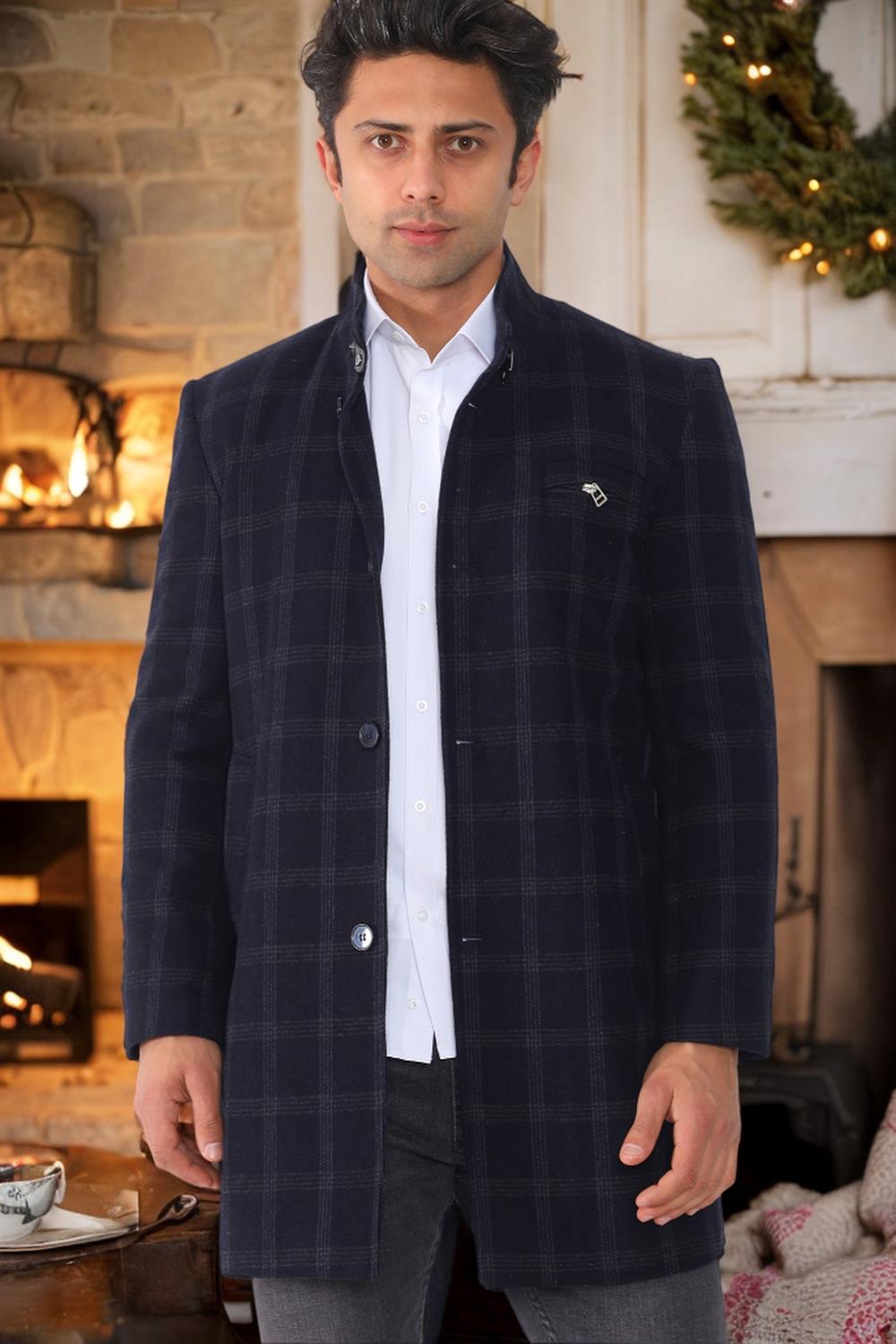 PLT8367 DEWBERRY MEN'S COAT-PATTERNED LIGHT NAVY BLUE