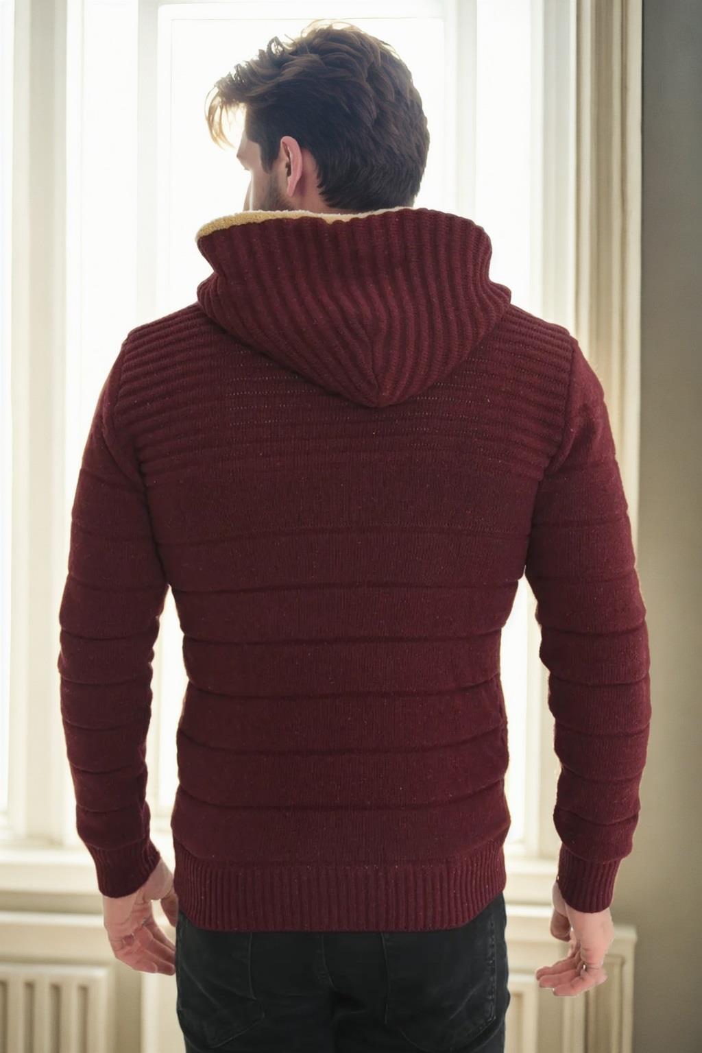 14455 Dewberry Furry Hooded Mens Sports Slim Fit Cardigan-BURGUNDY