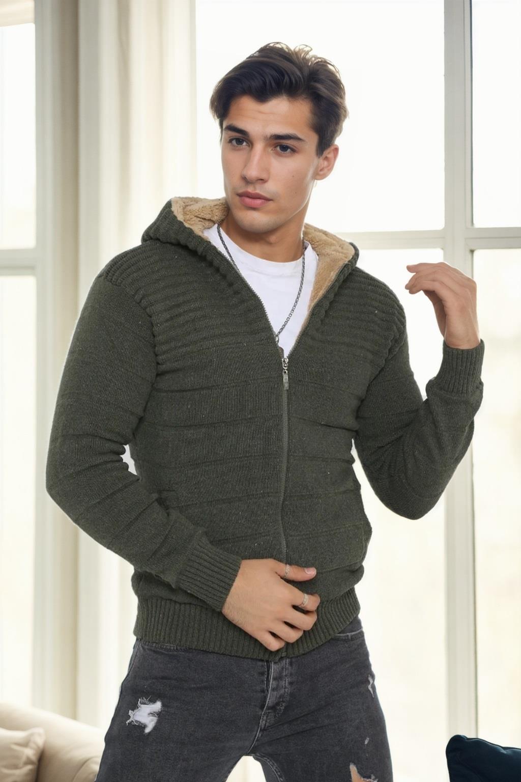 14455 Dewberry Furry Hooded Mens Sports Slim Fit Cardigan-Khaki