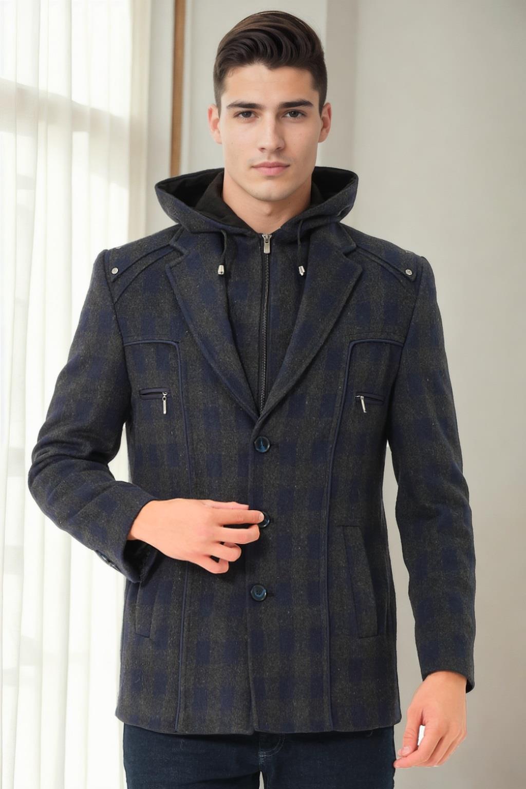 K9532 DEWBERRY MEN&#039;S COAT-PLAID-NAVY BLUE