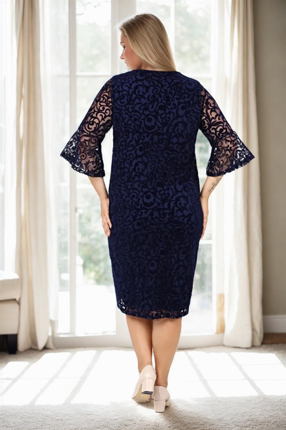 E2654 Dewberry Spanish Sleeve Plus Size Evening Dress-NAVY BLUE