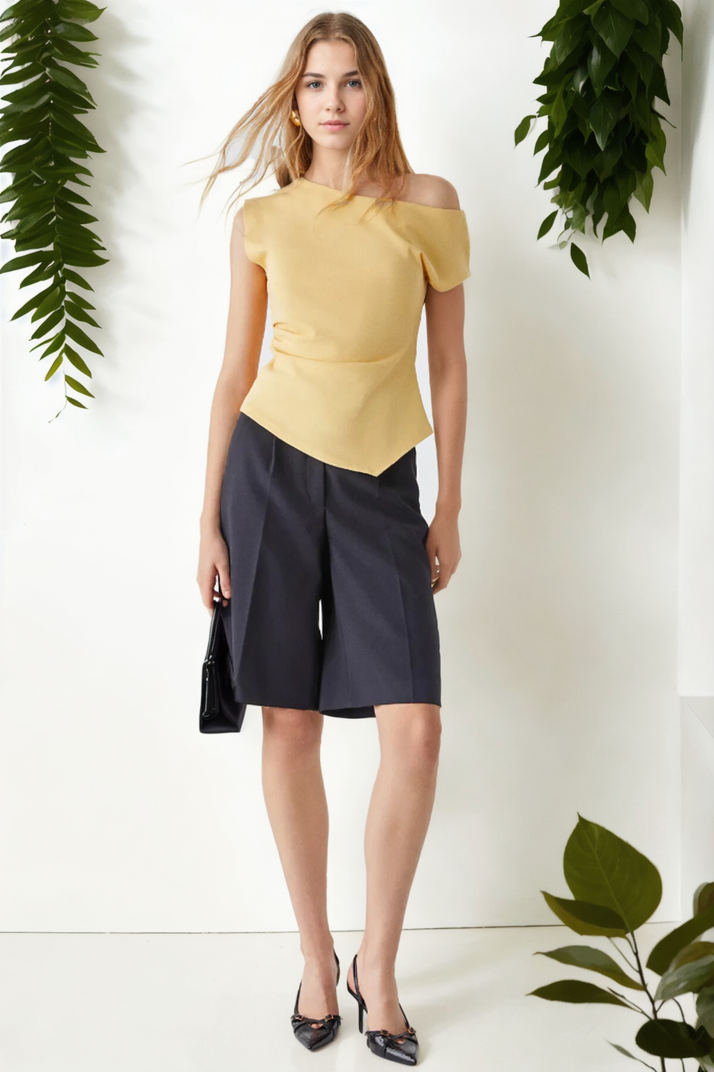 49777 Dewberry Asymmetrical Collar Womens Blouse-YELLOW
