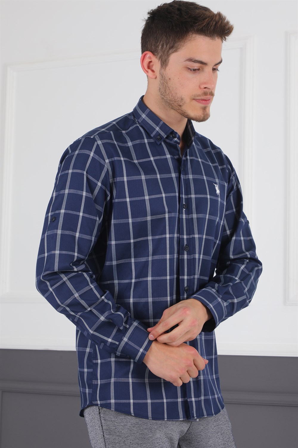 G719 DEWBERRY MEN'S SHIRT-NAVY BLUE - WHITE