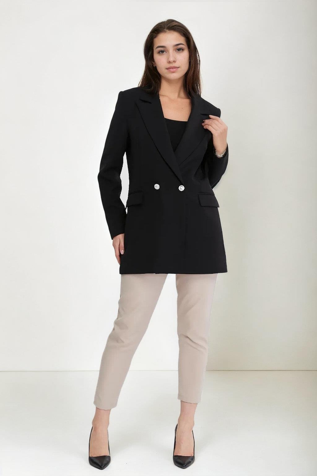 26139 Dewberry Womens Large Size Woven Blazer Jacket-BLACK
