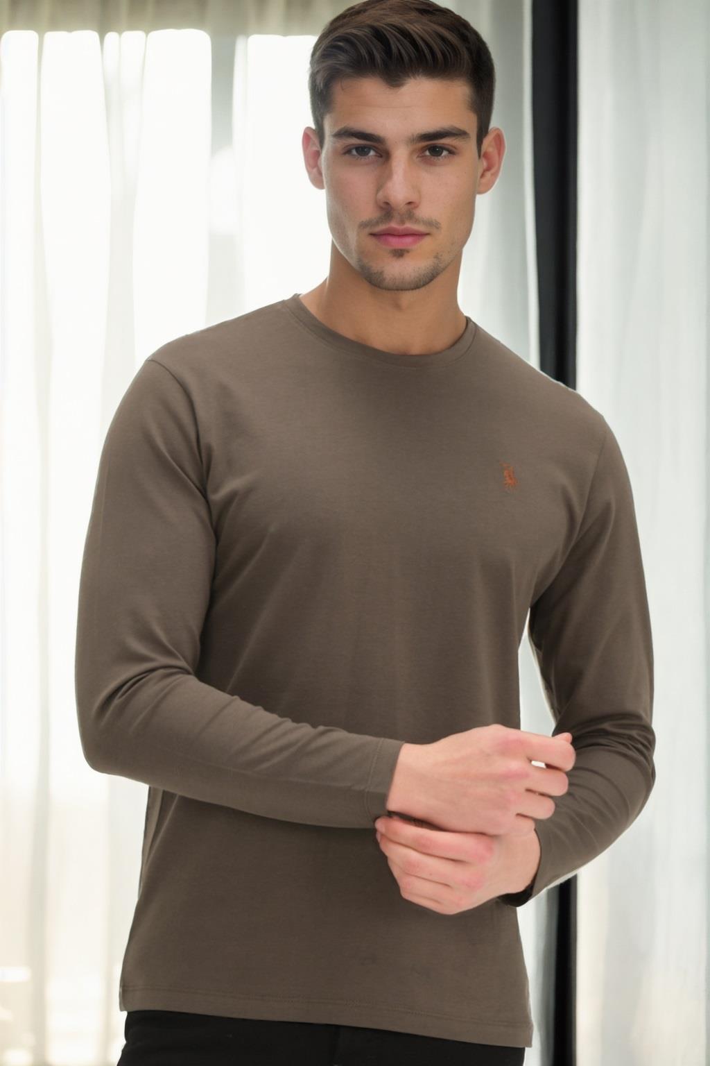 T9588 Dewberry Bicycle Collar Long Sleeve T-SHIRT-KHAKI-image