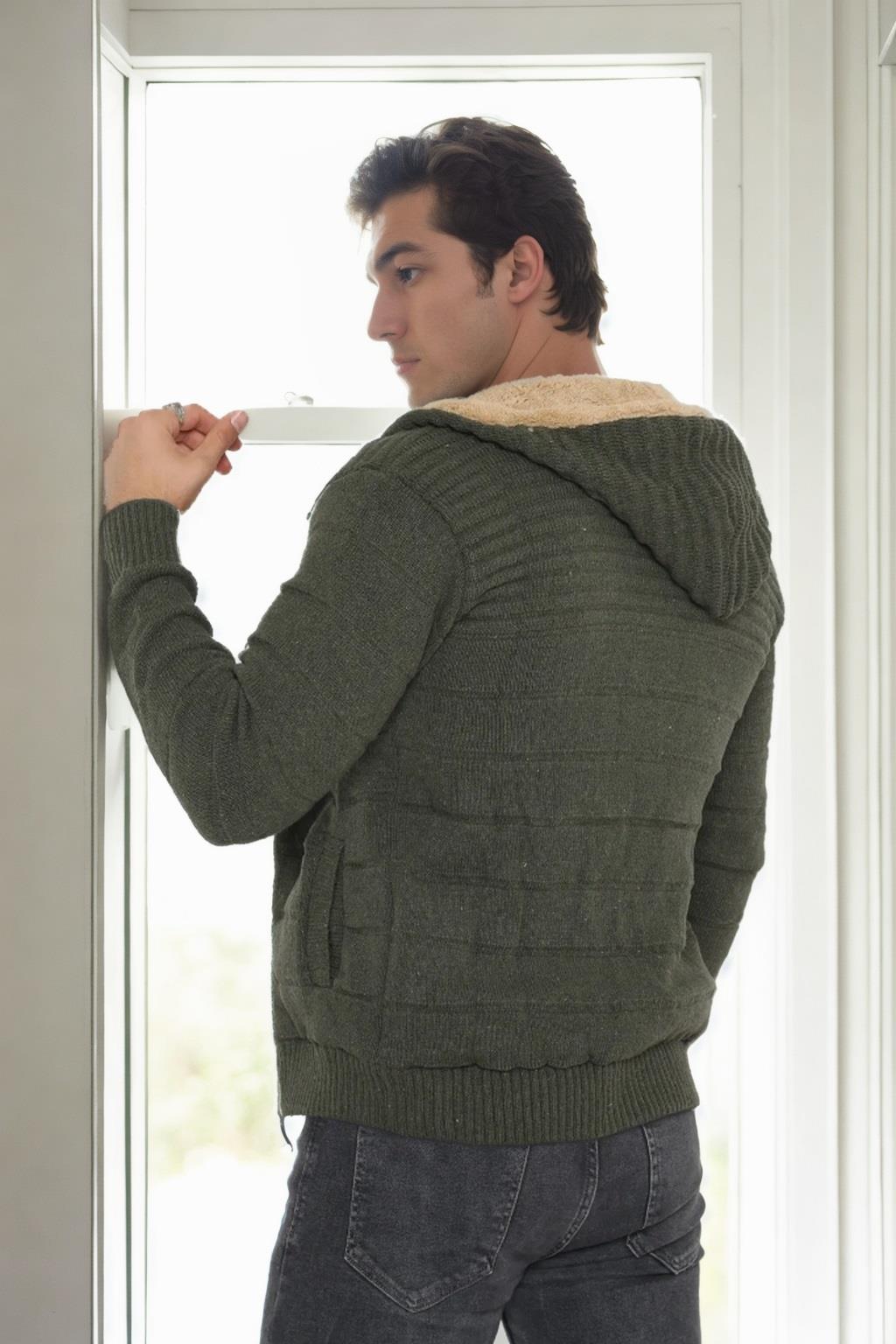 14455 Dewberry Furry Hooded Mens Sports Slim Fit Cardigan-Khaki