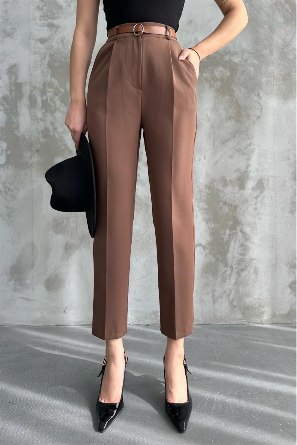 67537 Dewberry Skinny Leg Belted Women Trousers-COFFEE