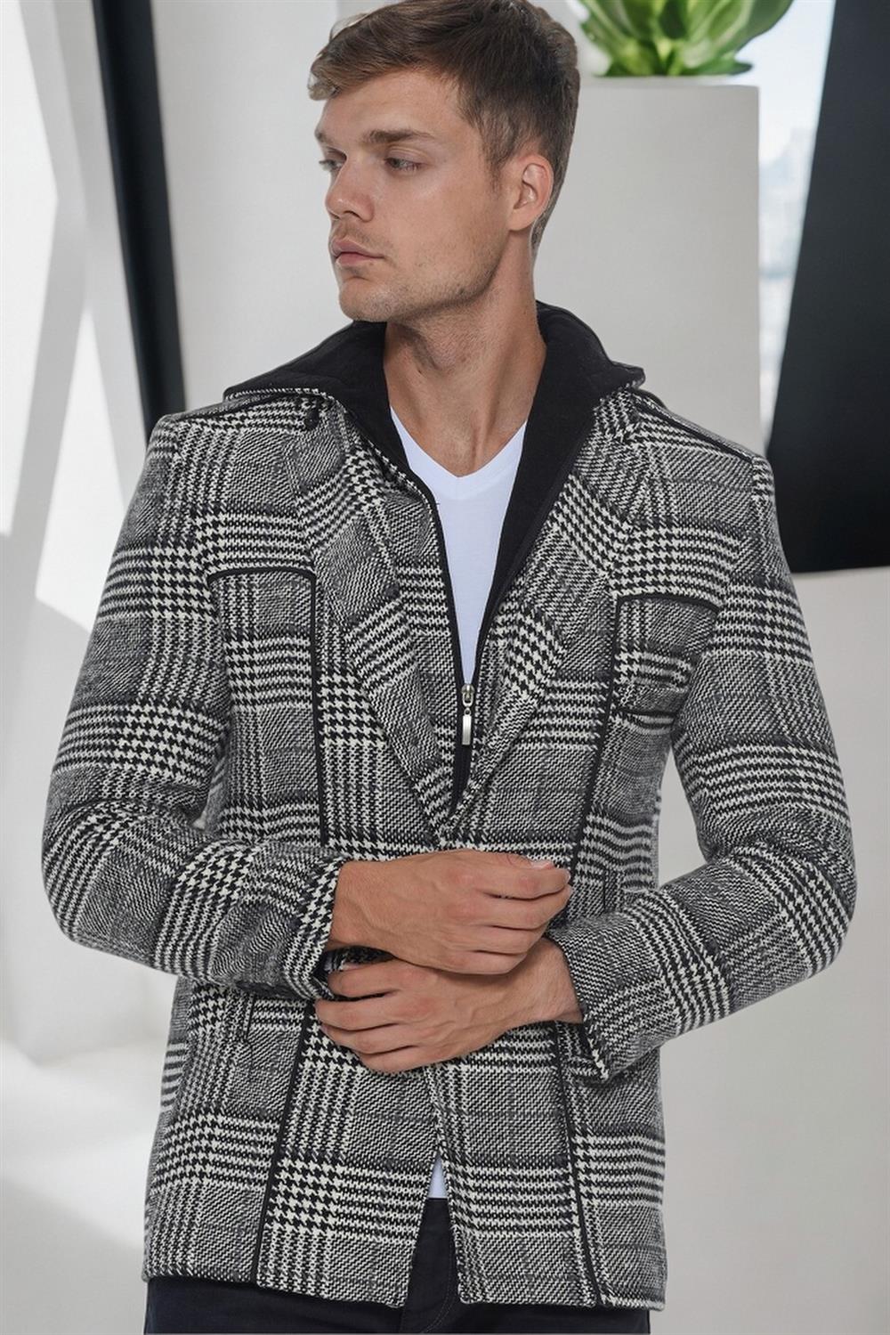 K7535 DEWBERRY MENS COAT-LIGHT PLAID BLACK