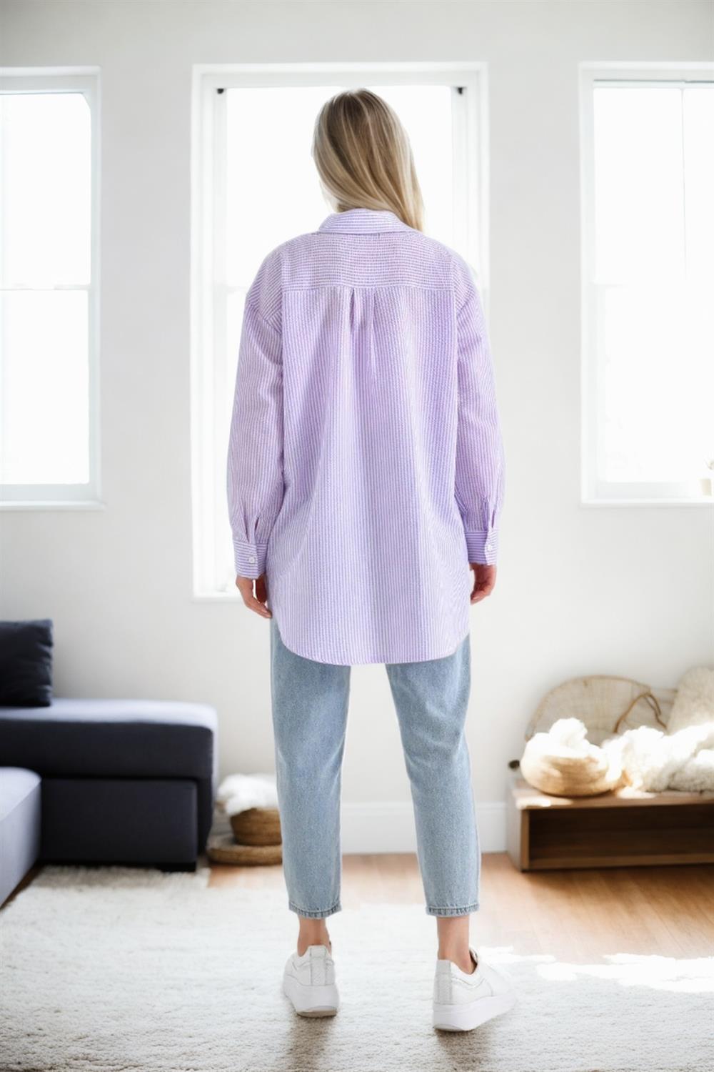 49999 Dewberry Blue Wrinkled Detailed Striped Women Shirt-LILAC