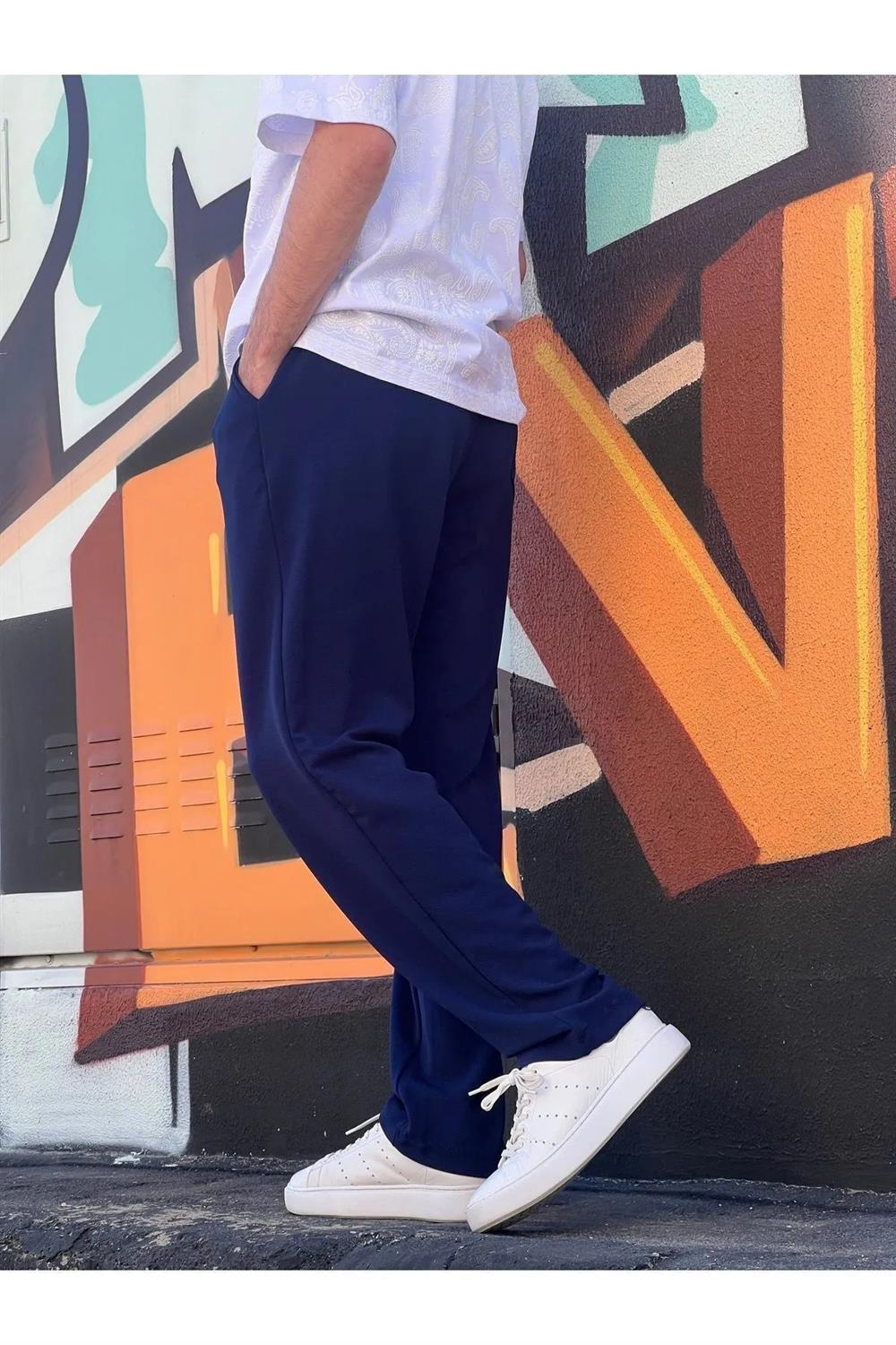 63521 Dewberry Elastic Waist Mens Baggy Pants-NAVY BLUE