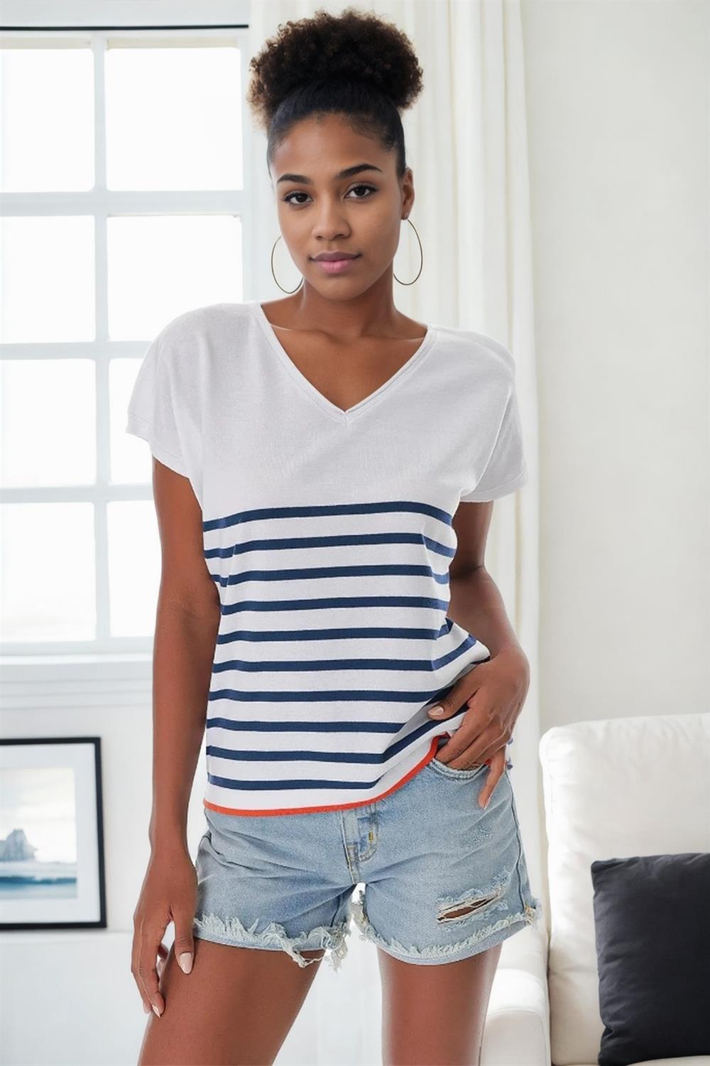 Levně 92125 Dewberry Striped Marine Short Sleeve Knitwear T-shirt-WHITE