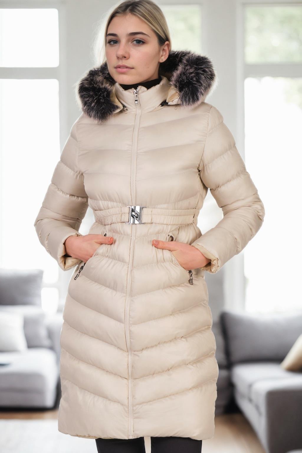 Z6690 DEWBERRY FUR HOODED LADIES' COAT-BEIGE-1