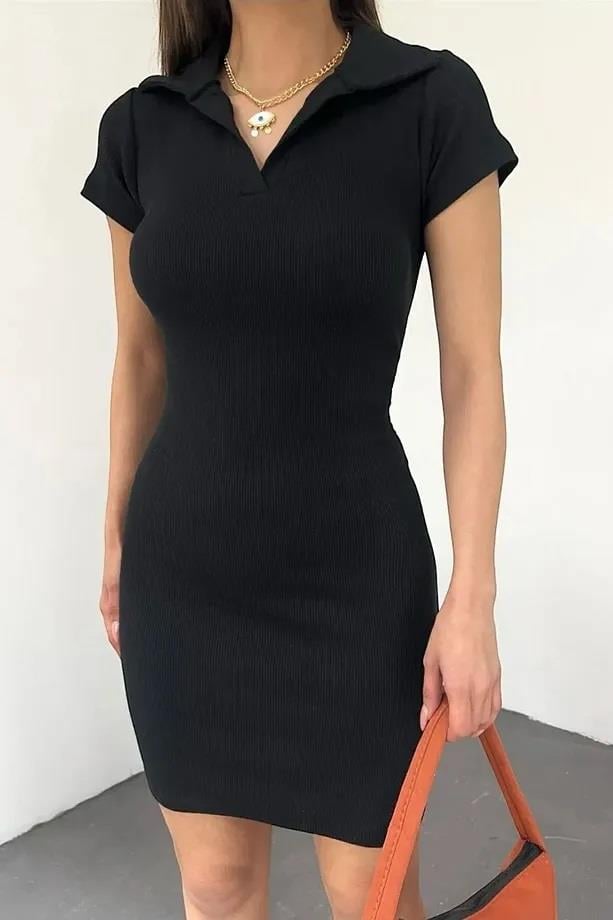 35605 Dewberry Polo Neck Dress with Short Sleeves-BLACK