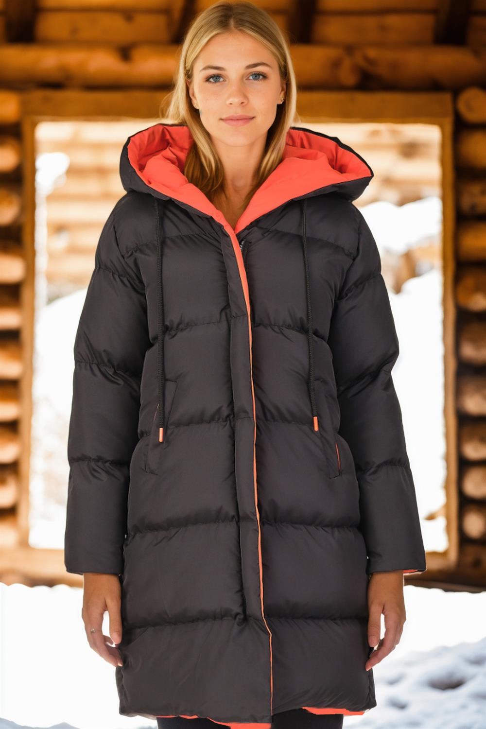 Z6687 DEWBERRY WOMENS COAT-BLACK-ORANGE-1