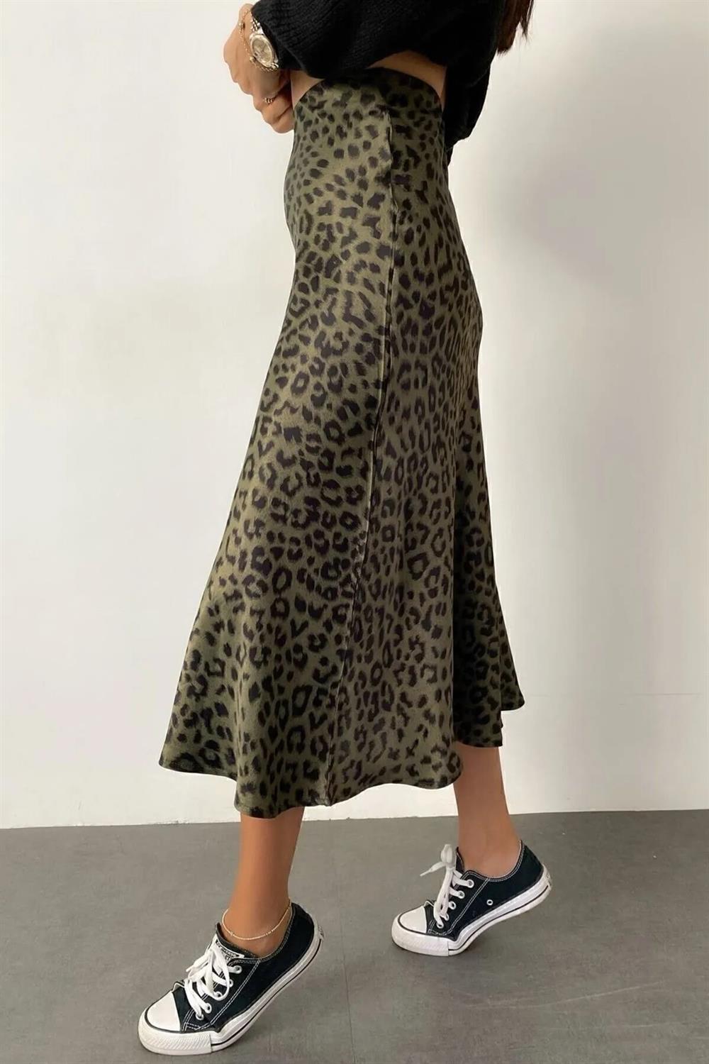 68223 Dewberry Leopard Pattern Satin Midi Length Skirt-BLACK-KHAKI