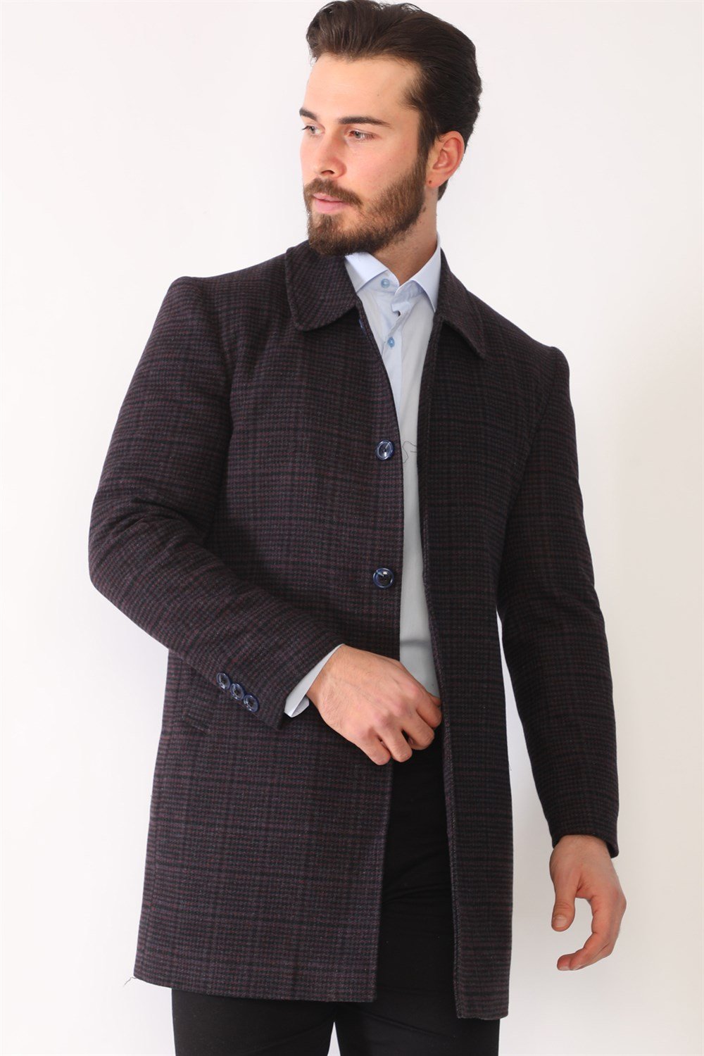 PLT8364 DEWBERRY MEN&#039;S COAT-PLAID-BURGUNDY