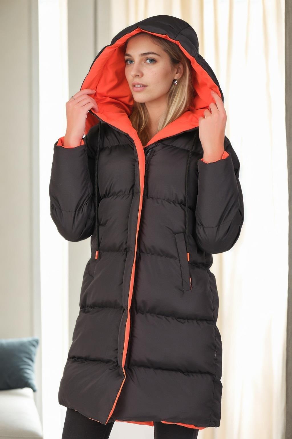 Z8687 DEWBERRY WOMEN'S COAT-BLACK-ORANGE