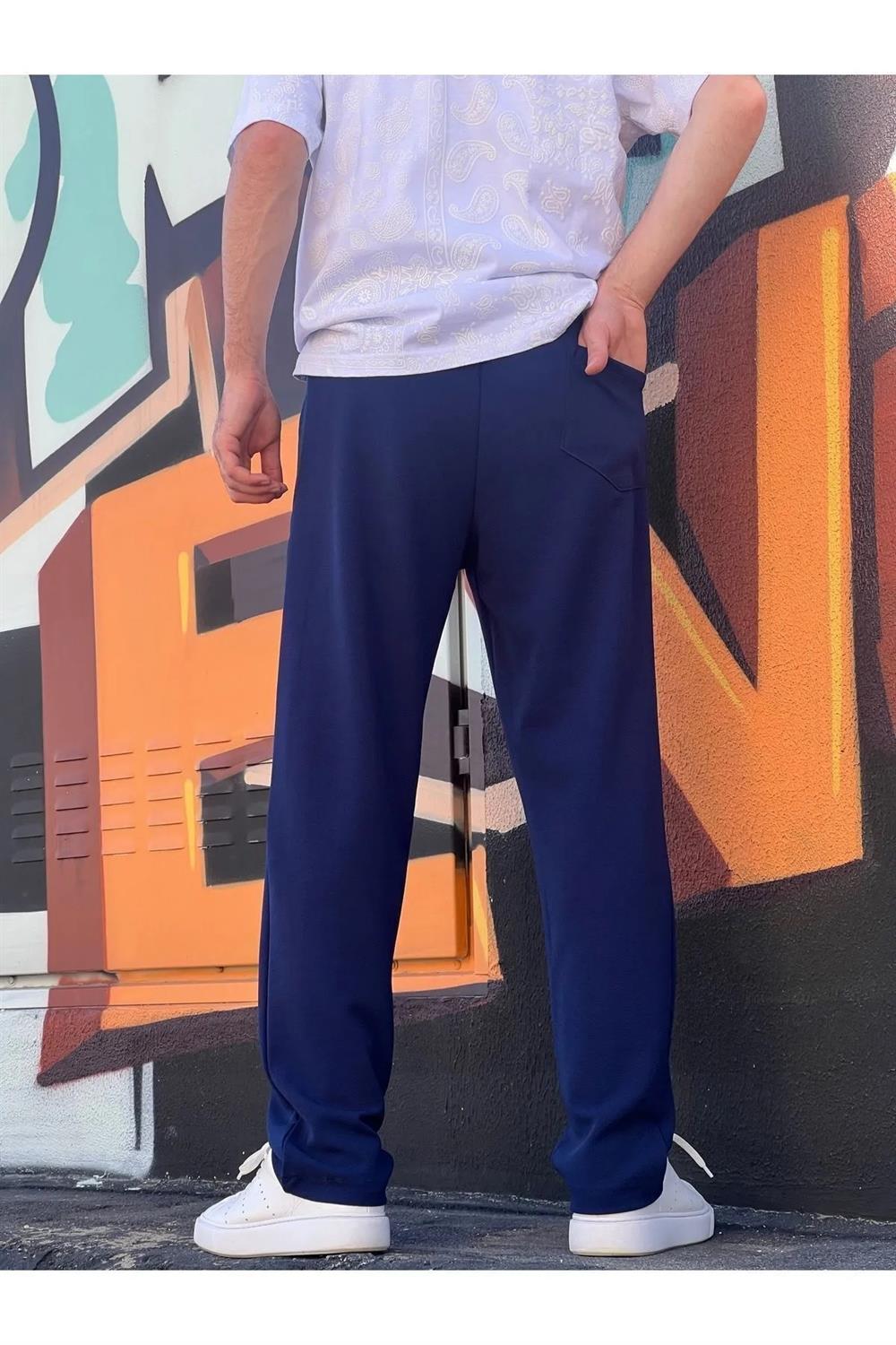 63521 Dewberry Elastic Waist Mens Baggy Pants-NAVY BLUE