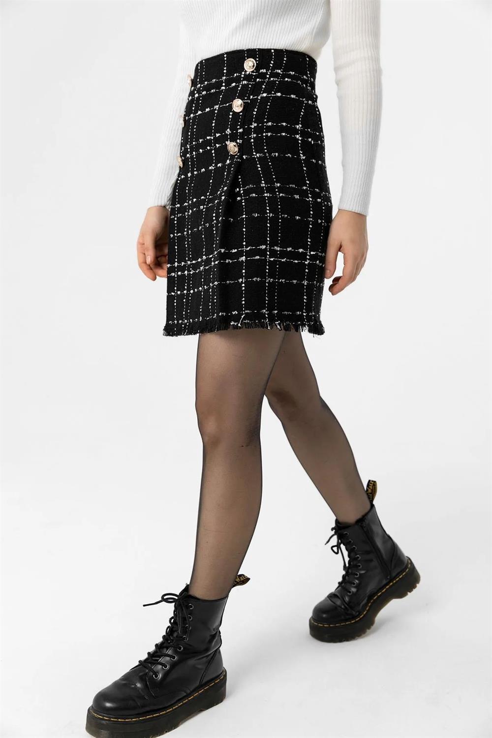 10219 Dewberry Plaid Tweed Women Mini Skirt-BLACK