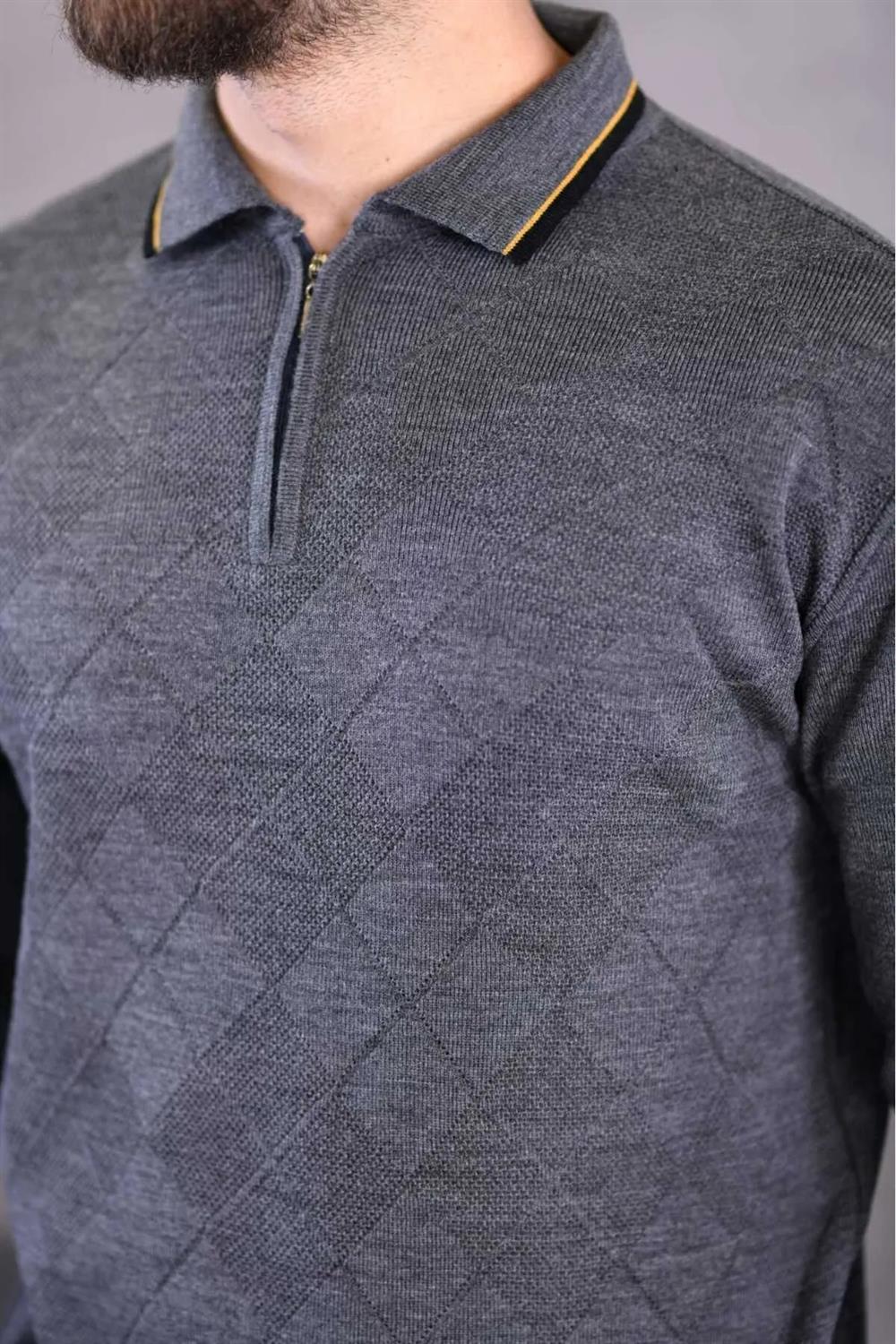 66492 Dewberry Zippered Polo Neck Knit Mens Sweater-GREY