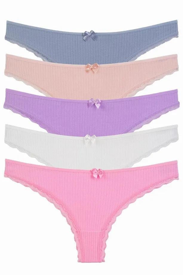 09652 Dewberry Womens Panties Brazillian 5 Pack Lycra Lace-MULTICOLOR