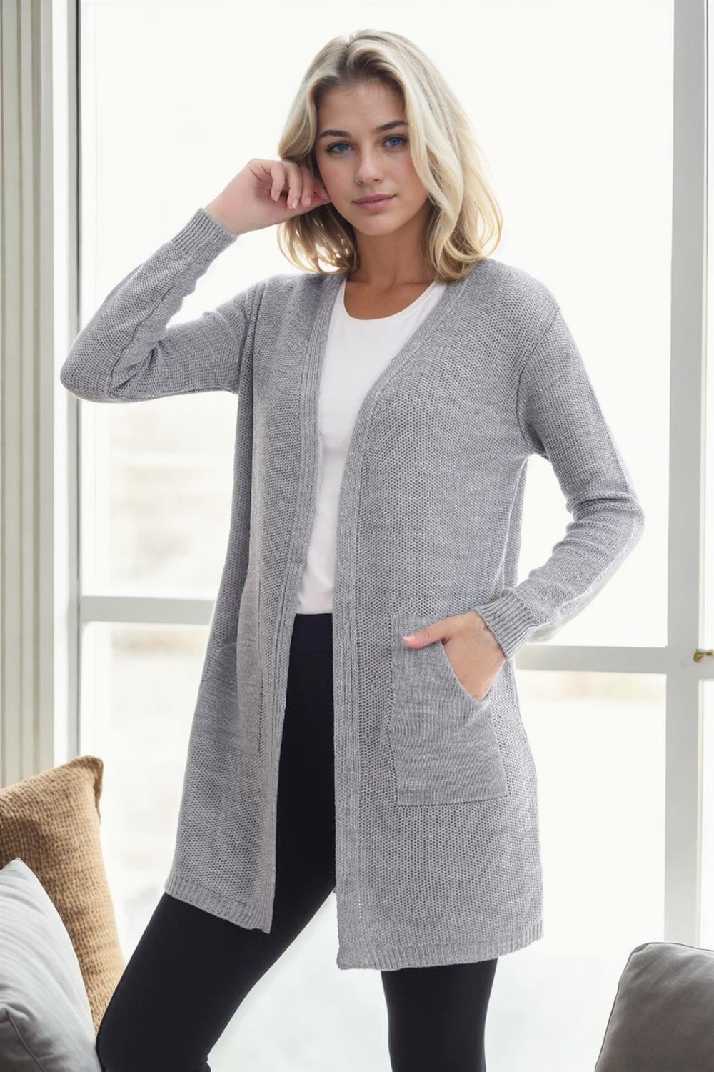 99224 Dewberry Kangaroo Pocket Knitwear Cardigan-LIGHT GREY