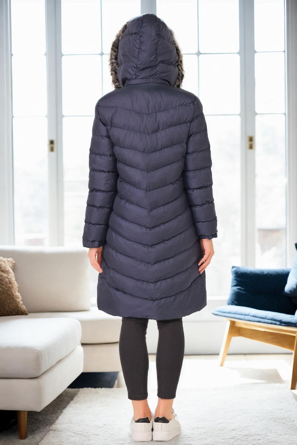 Z6690 DEWBERRY FUR HOODED WOMEN'S COAT-NAVY-1
